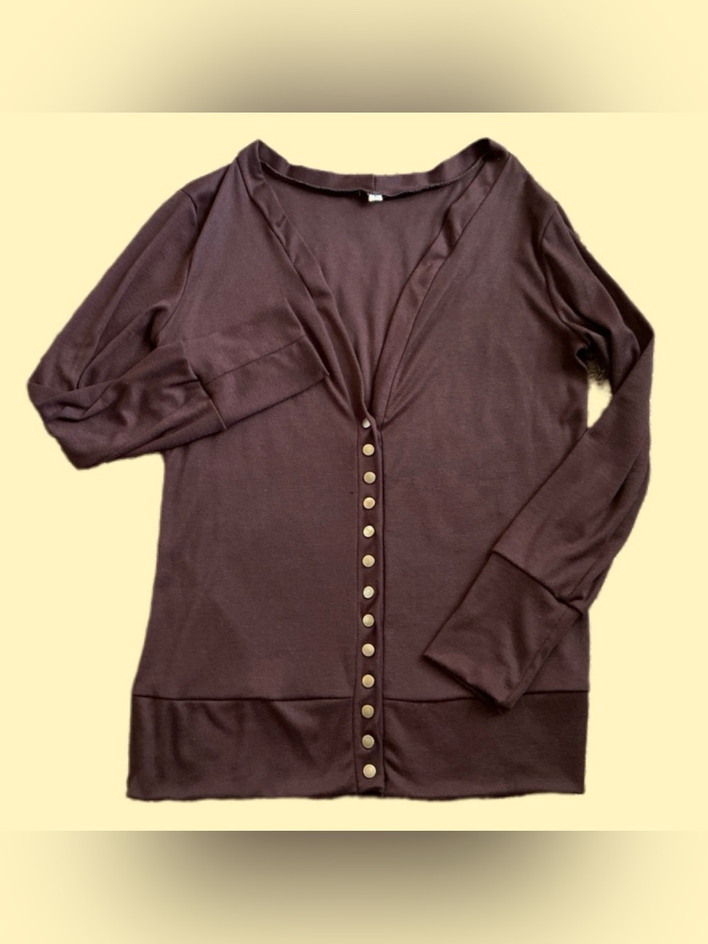 Dark Brown Long Sleeved V Necked Cardigan, Gold Buttons, Women’s Large